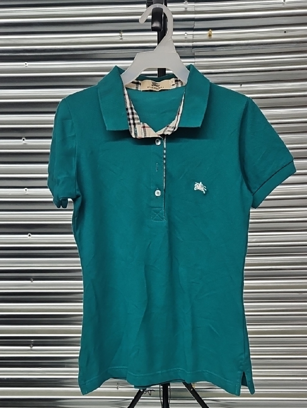 Burberry Teal Green Short-Sleeve Polo with Check Trim